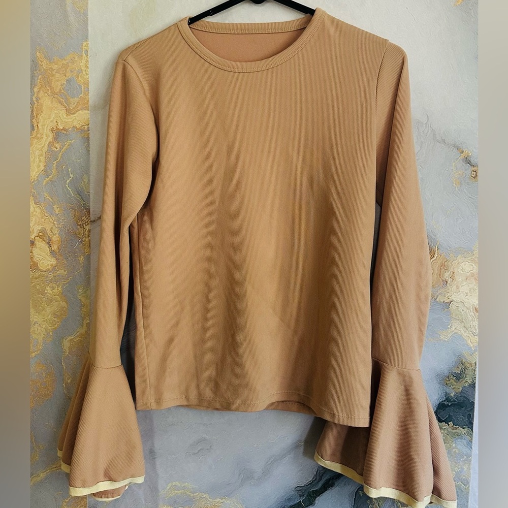 Storets Tan Bell Sleeve Cuff Mod Ribbed Long Sleeve